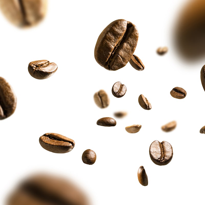 Coffee beans in flight on white background
