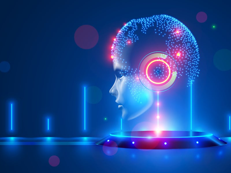 Artificial intelligence with virtual hanging head on podium. Global world cybernetic mind controls h...