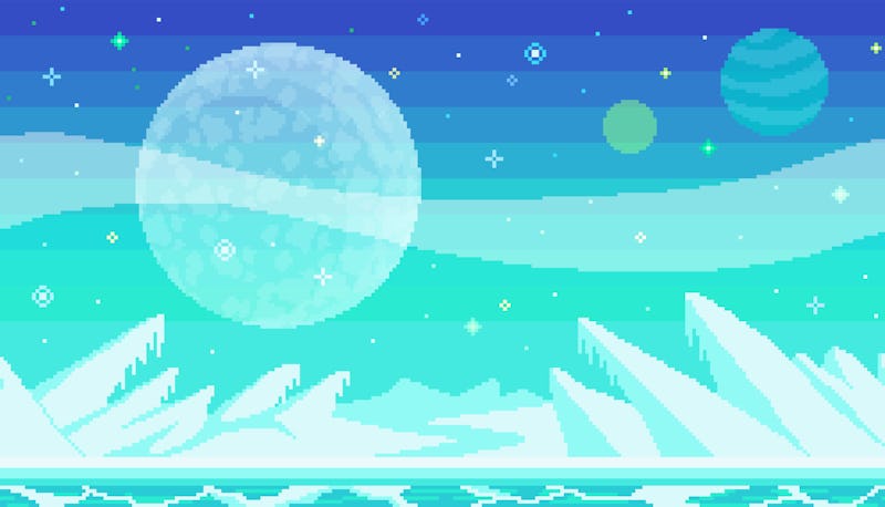 Pixel art game location. Cosmic area, someone frozen planet surface. Seamless vector background
