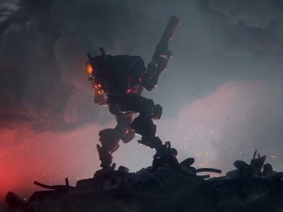 3d illustration of an action scene of a sci-fi mech standing on the ruins of the city in an attackin...
