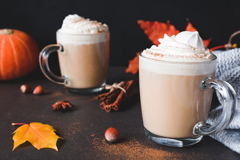 Hot Chocolate with whipped cream and cinnamon or Pumpkin Spice Latte with cream in mug on dark backg...
