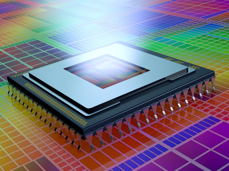 close up view of a CPU on an electronic circuit, the cpu is without the cover and a light comes out ...