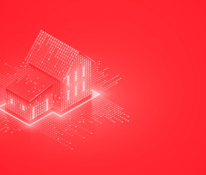 Smart home isometric concept. Private house consists digits code. Cyber Safety of internet of things...