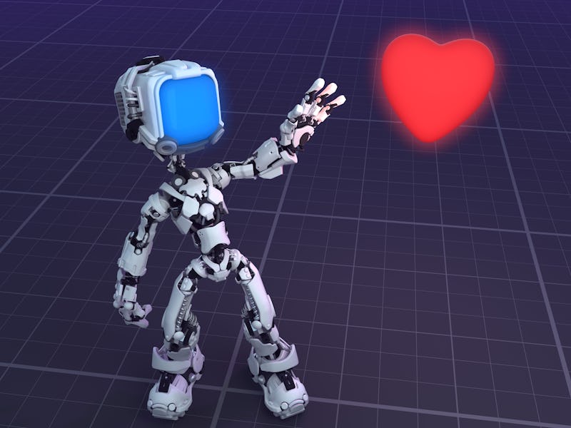 Screen robot figure character pose with Valentine heart virtual, 3d illustration, horizontal