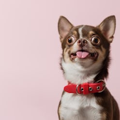 Cute brown mexican chihuahua dog with tongue out isolated on pink background. Dog looking to camera....