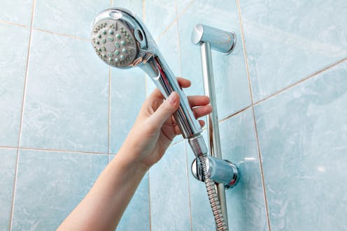Replacing the plumbing in the bathroom, close-up wall mounted hand shower and hose holder with heigh...