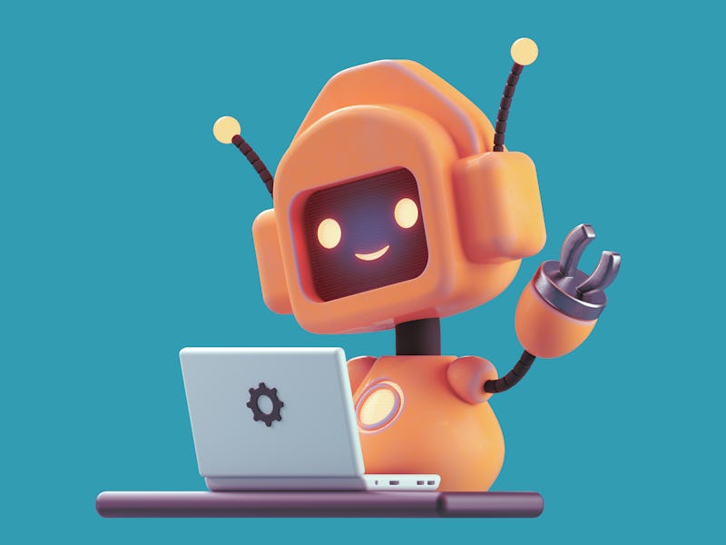 Friendly positive cute cartoon orange robot with smiling face waving its hand. Chatbot greets. Custo...