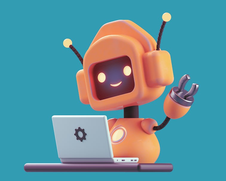 Friendly positive cute cartoon orange robot with smiling face waving its hand. Chatbot greets. Custo...