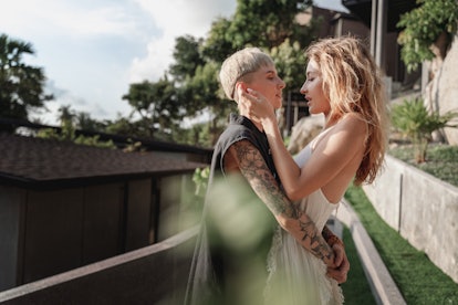 Two beautiful young female bride women, lesbian wedding, beauty fashion and rights lgbt concept