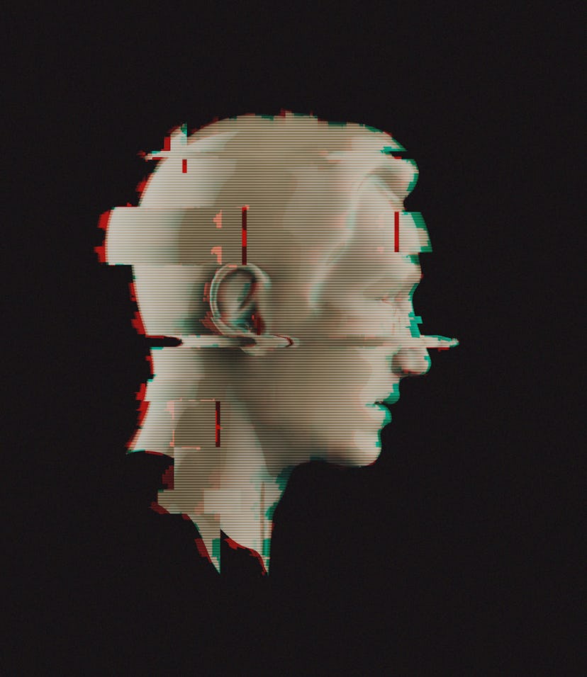 3d portrait of a man with glitch effect. Isolated on dark background