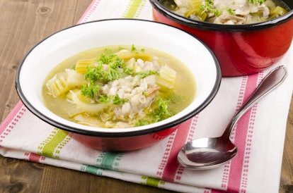 cock a leekie soup is a Scottish soup dish consisting of leeks and peppered chicken stock