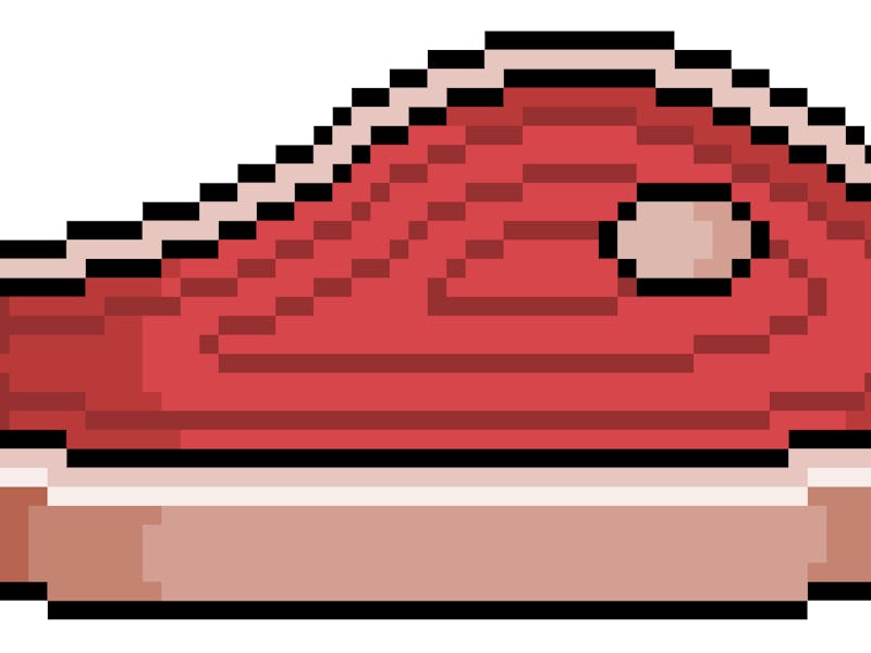 Pixel art beef steak. 8bit game item on white background