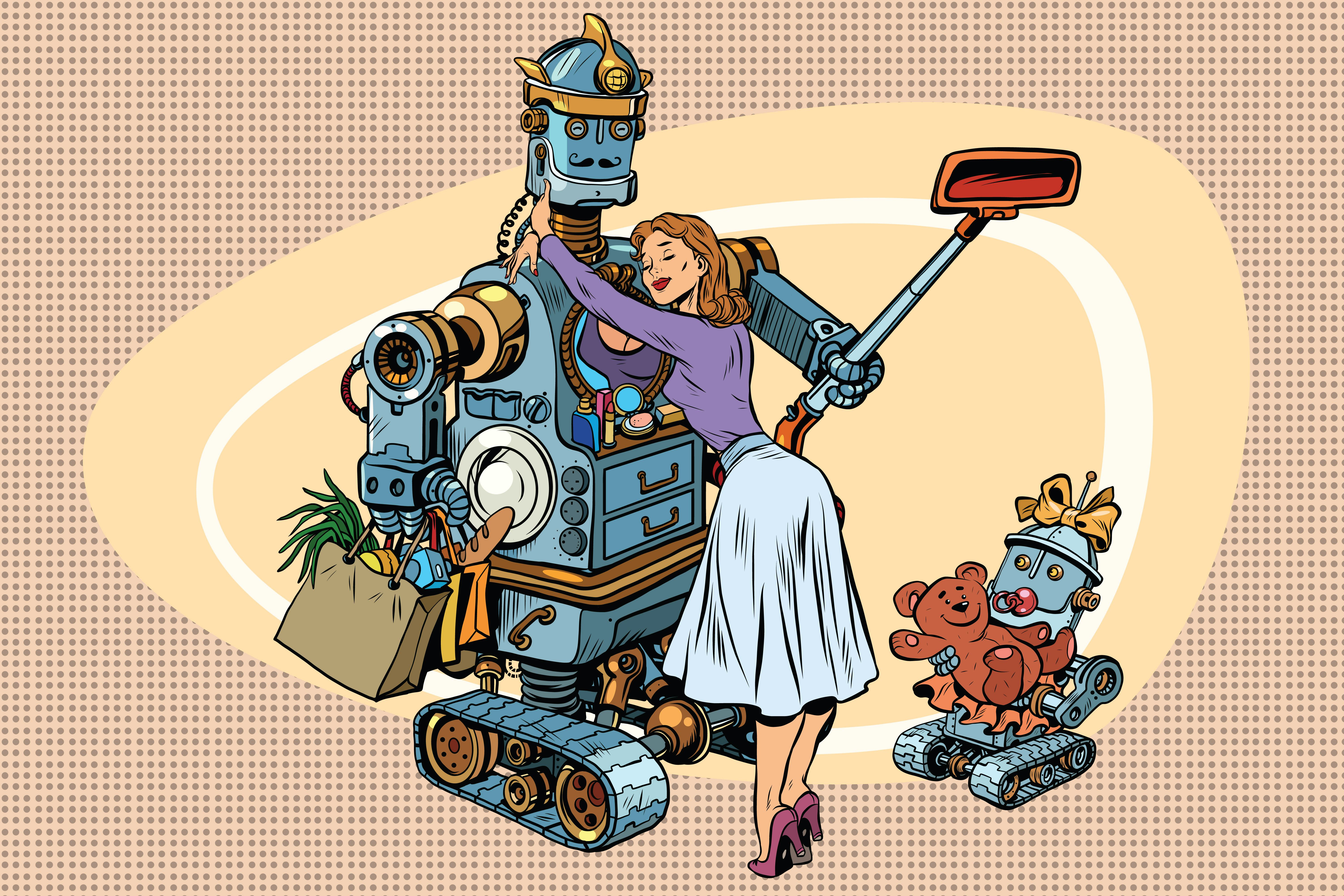Vintage retro family, dad robot, wife and child. Vintage pop art retro comic book vector illustratio...