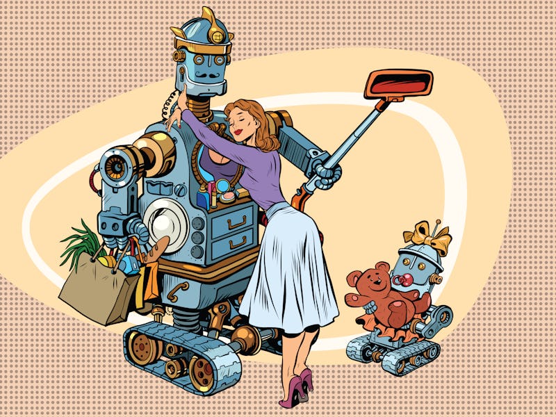 Vintage retro family, dad robot, wife and child. Vintage pop art retro comic book vector illustratio...