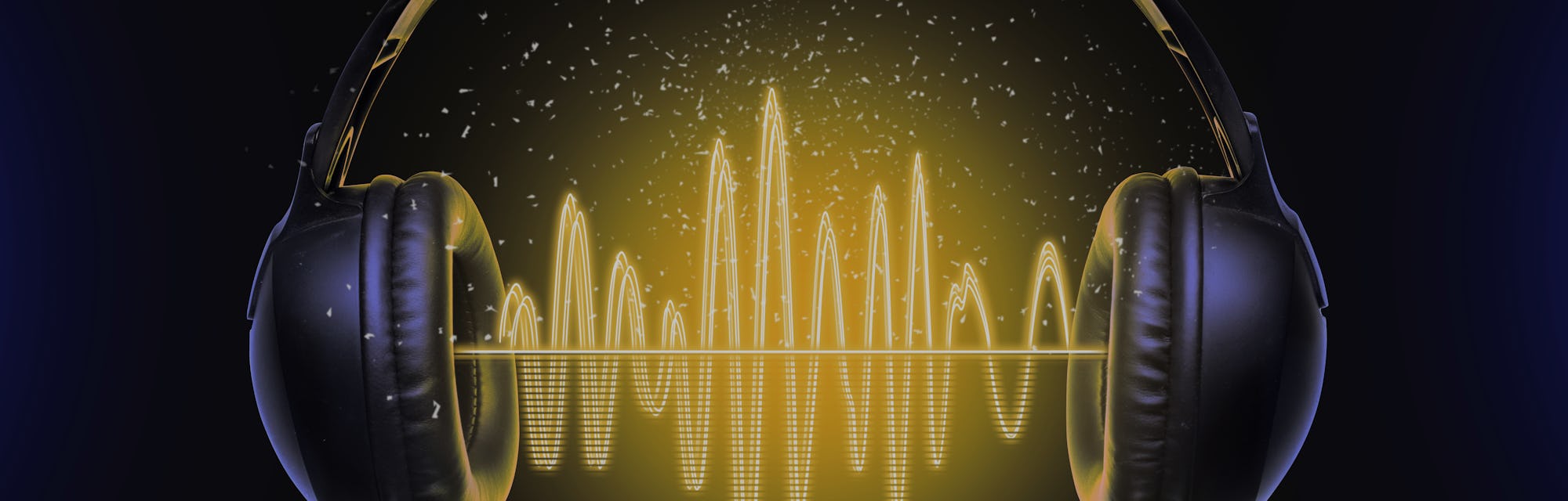 Black music headphones and sound waves with glow