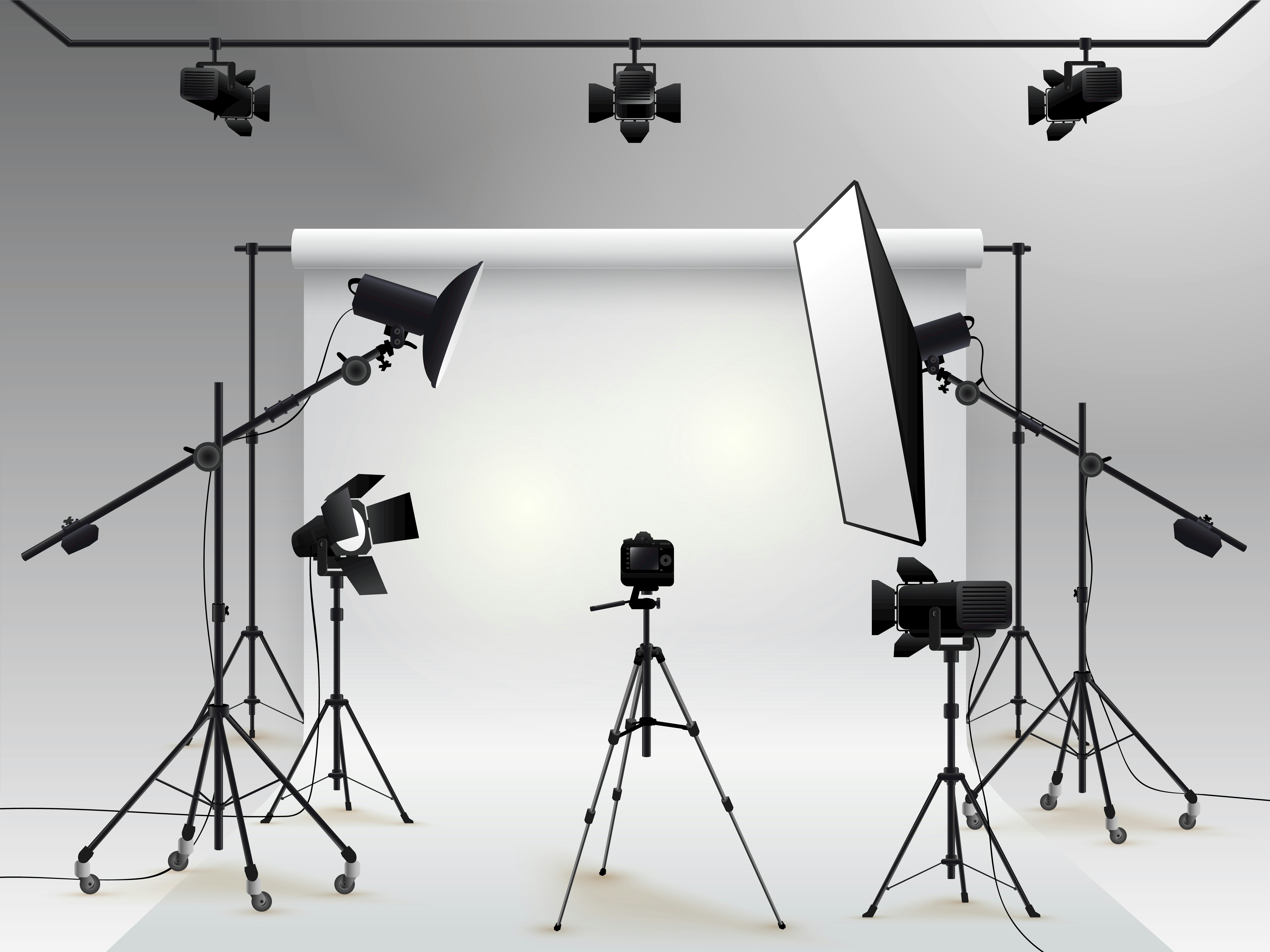 Photography studio vector. Photo studio white blank background with soft box light, camera, tripod a...