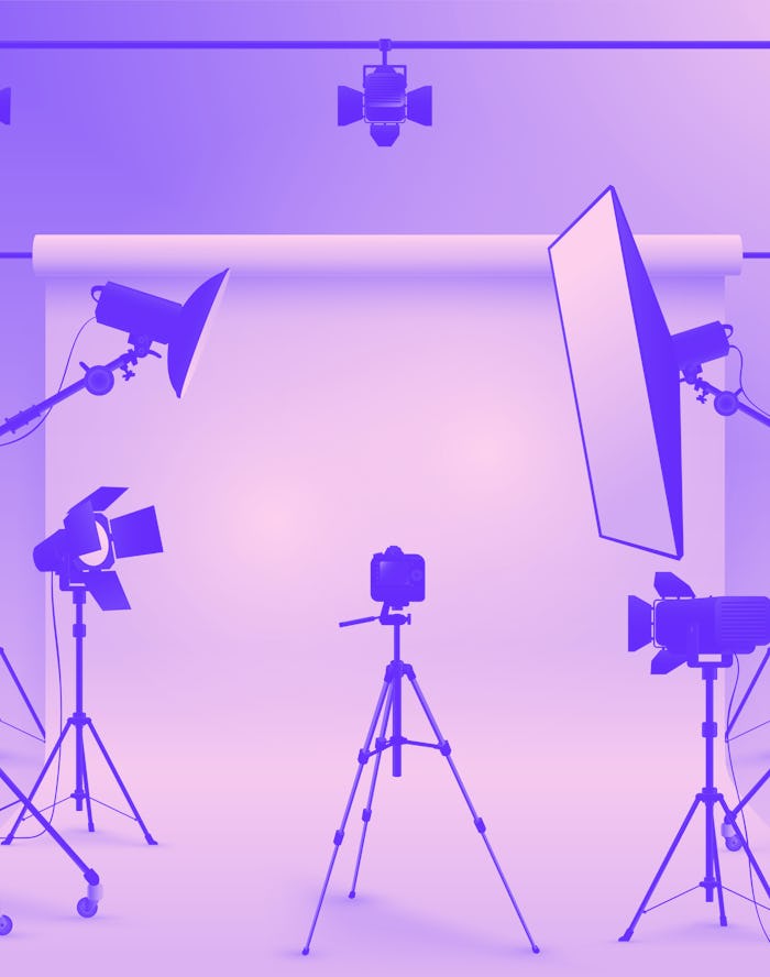 Photography studio vector. Photo studio white blank background with soft box light, camera, tripod a...
