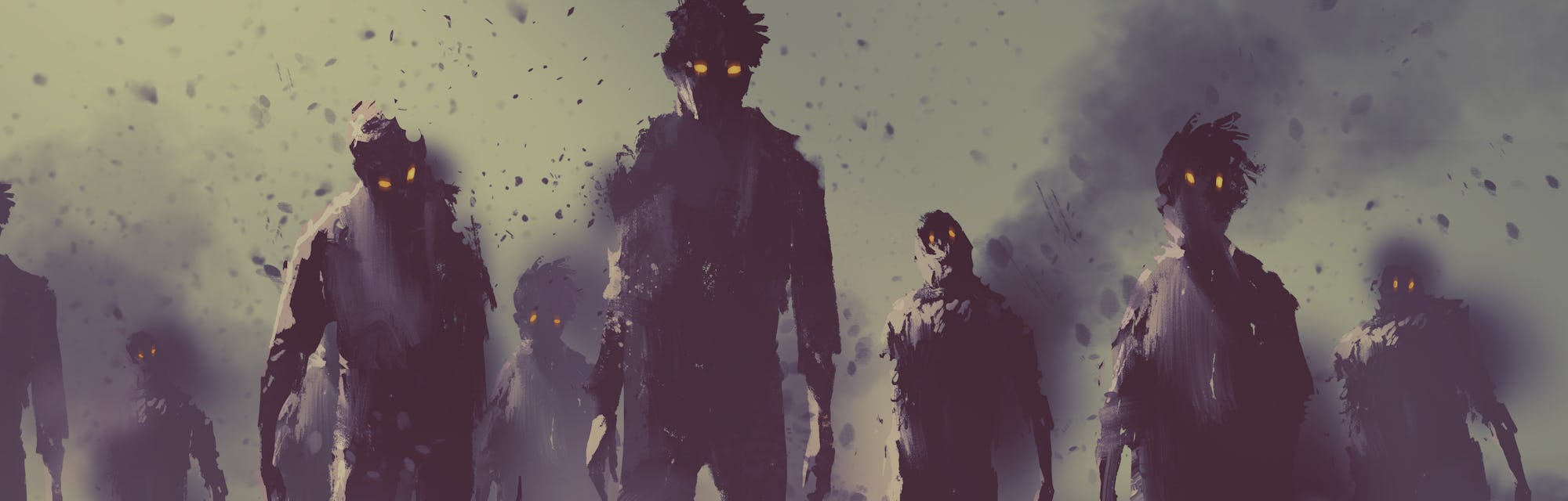 zombie crowd walking at night,halloween concept,illustration painting