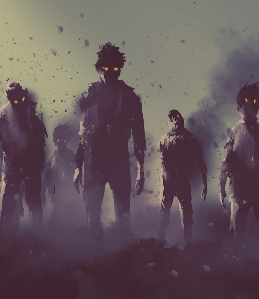 zombie crowd walking at night,halloween concept,illustration painting
