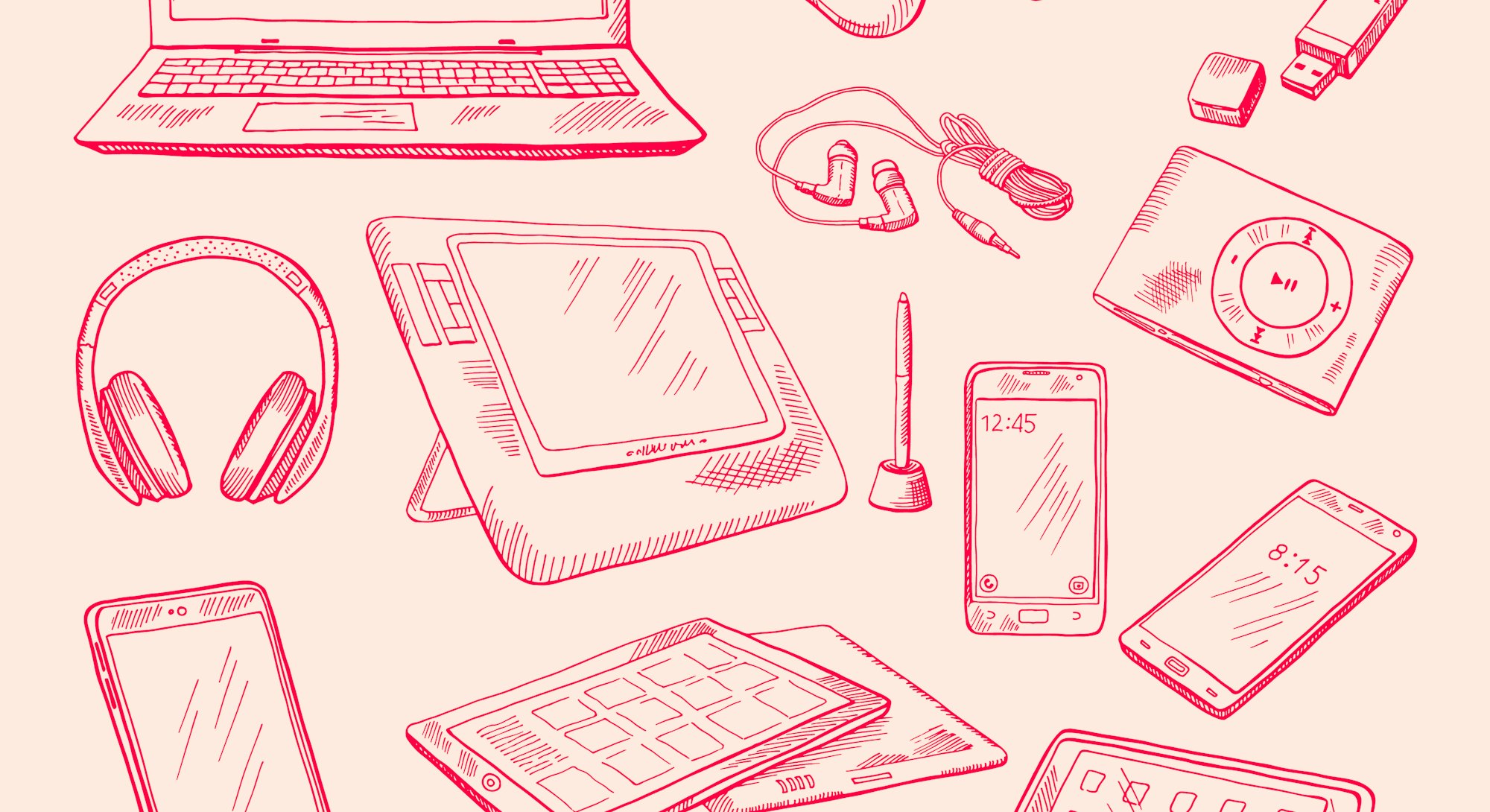 Different computer gadgets. Doodle vector illustrations isolate on white. Gadget sketch drawing, ele...