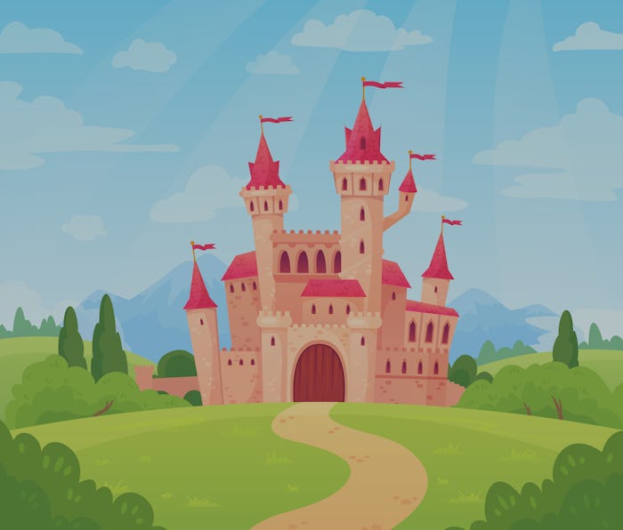 Fairytale landscape with castle. Fantasy palace tower, fantastic fairy house or magic castles kingdo...