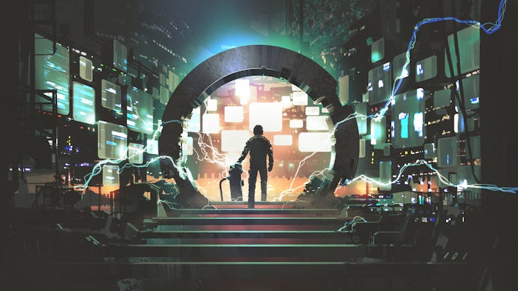 A sci-fi concept showing a man standing at the futuristic portal in a digital art style