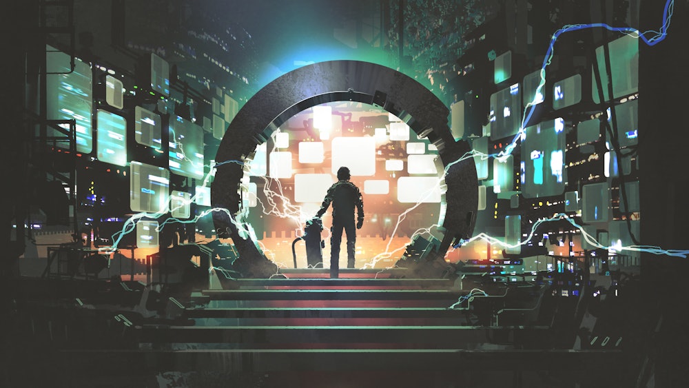 sci-fi concept showing a man standing at the futuristic portal, digital art style, illustration pain...