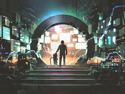 sci-fi concept showing a man standing at the futuristic portal, digital art style, illustration pain...