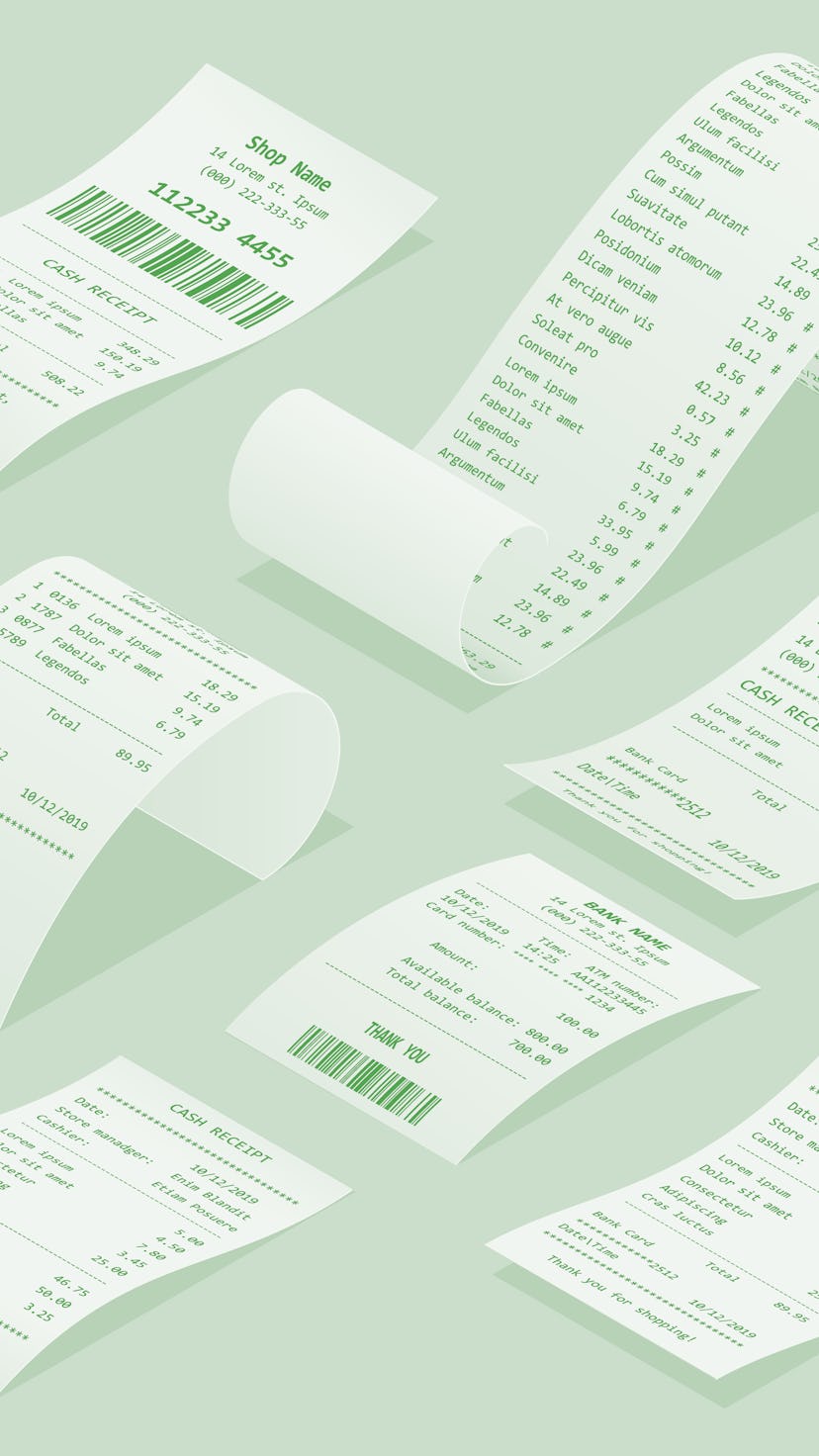 Isometric set of paper check and financial check isolated. Cash register sales receipts printed on t...