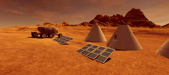 Extremely detailed and realistic high resolution 3d image of a human colony on Mars like planet