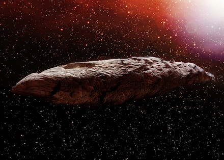 A 3D illustration of the interstellar object known as Oumuamua. Originally classified as an asteroid...