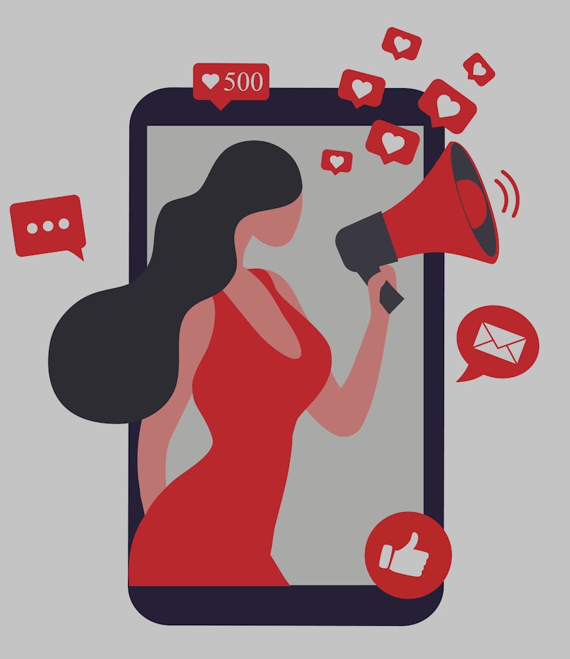 Beautiful woman shouting in loud speaker with social media icons. Influencer social media marketing ...