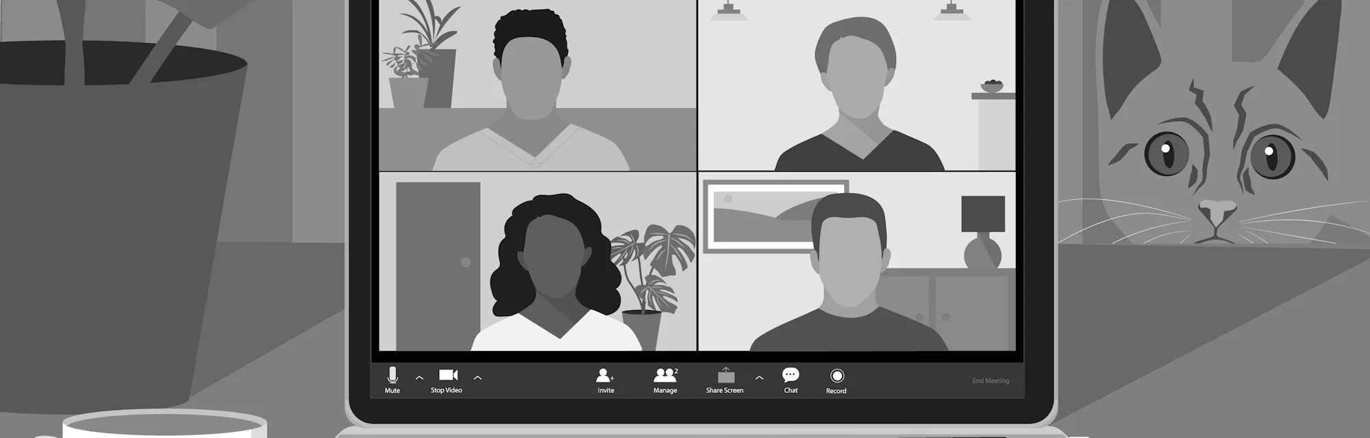 Working from home during Covid-19 pandemic. Video conference call using an app like Zoom during lockdown. Social isolation due to coronavirus. Cat watching video meeting.