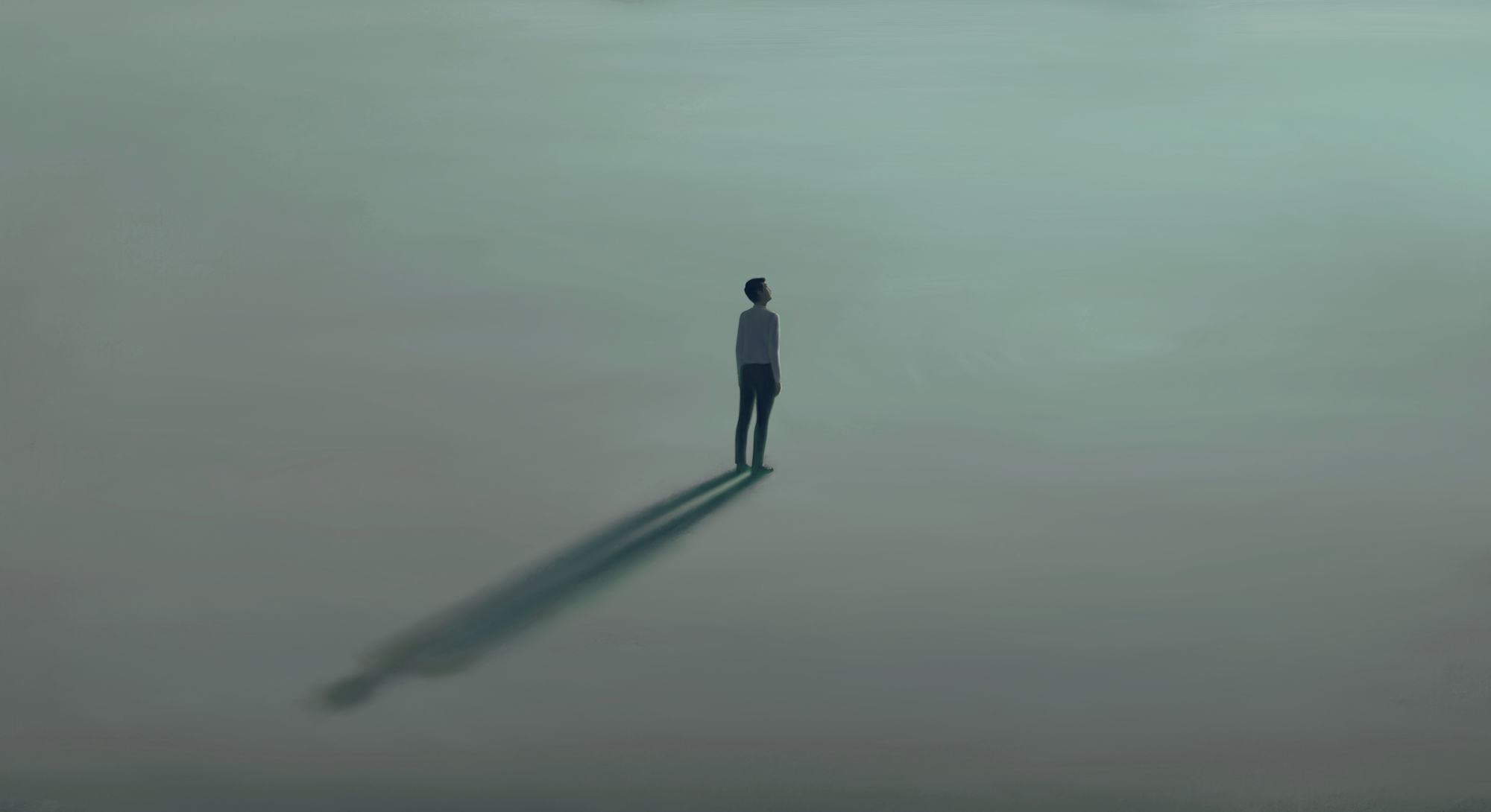 Man alone with the light. Surreal painting hope lonely and loneliness concept. minimal illustration