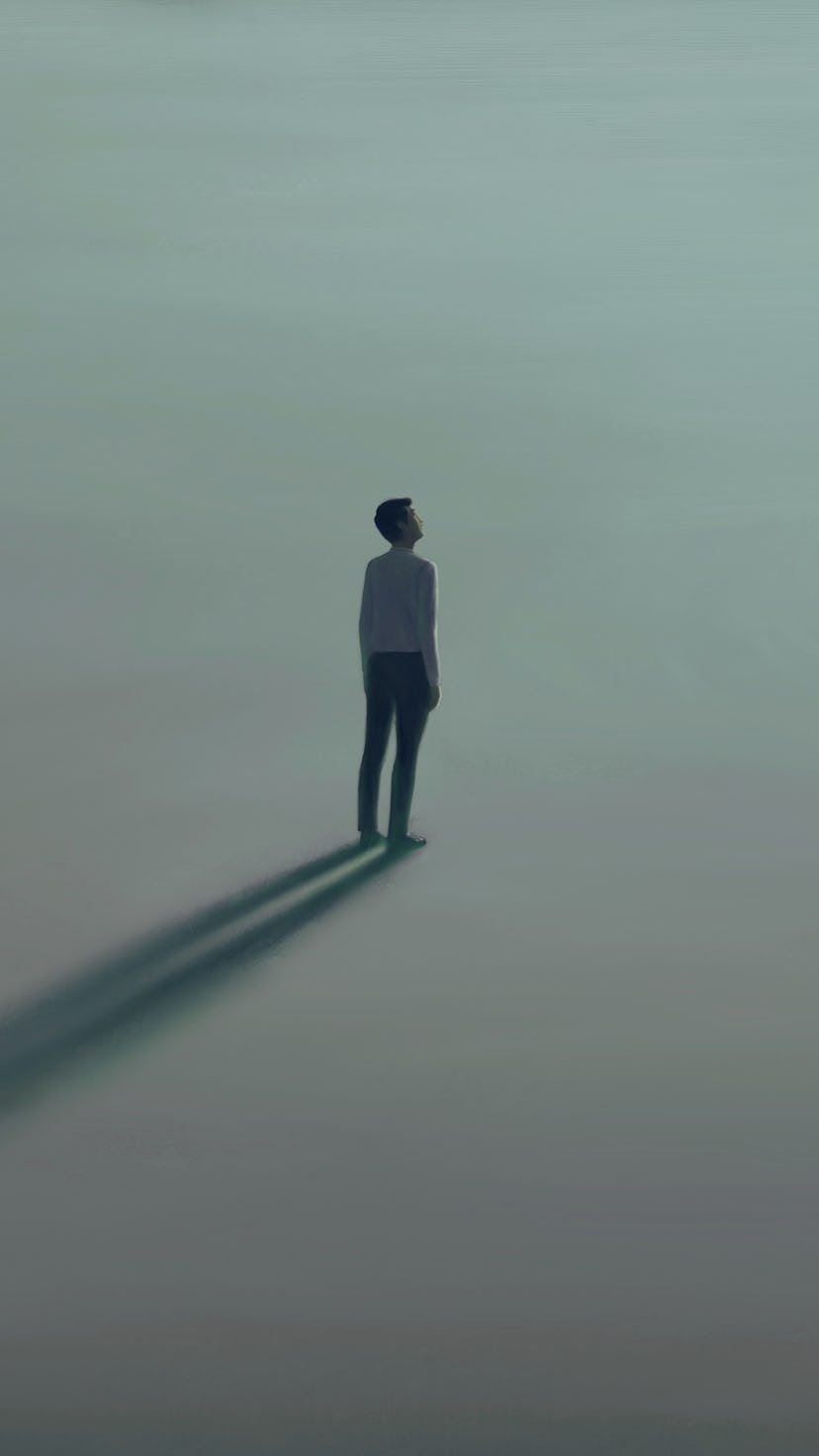 Man alone with the light. Surreal painting hope lonely and loneliness concept. minimal illustration