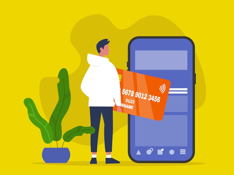 Mobile contactless payment. Online shopping. New technologies. Male Millennial character holding a b...