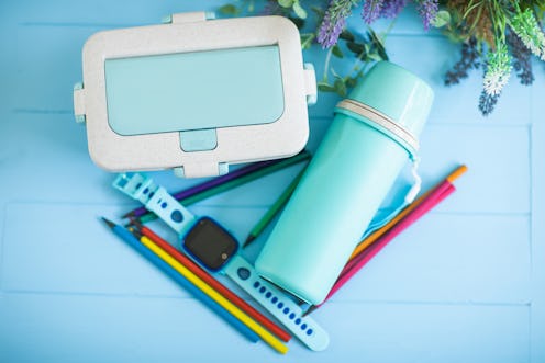 Back to school concept. Lunch box, watch, and blue thermos isolated on blue. Close up photo. Focus a...