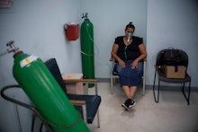 A woman affected by Hurricane Maria receives oxygen at the hospital in Catano, Puerto Rico