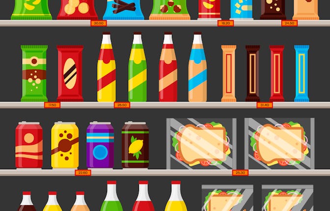 Supermarket, store shelves with groceries products. Fast food snack and drinks with price tags on th...