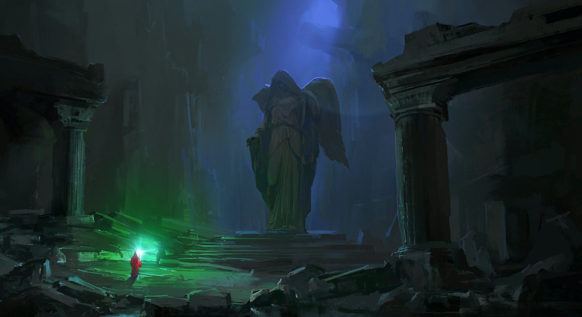 Wizard in the dark dungeon, digital painting.