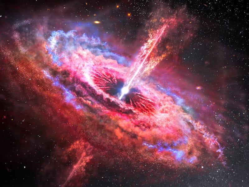 Stars and material falls into a black hole. Abstract space wallpaper. Black hole with nebula over co...