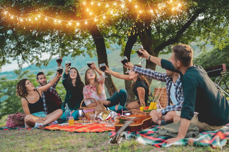 Young group of friends cheersing on Thanksgiving 2021 after reading their individual zodiac sign's h...