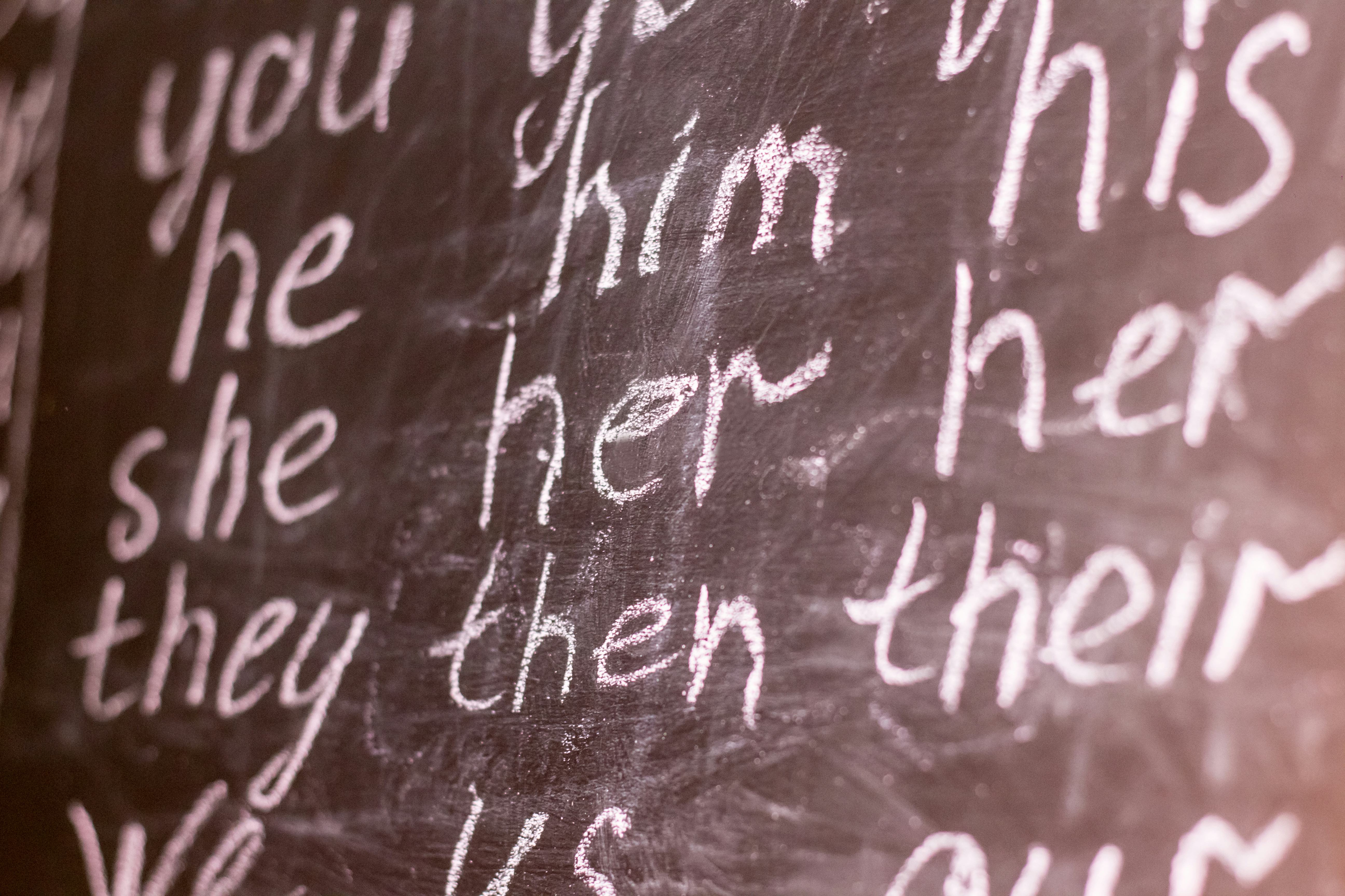 Pronouns in English. Written on a blackboard with chalk.