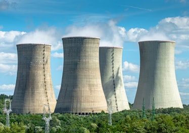 Cooling towers of nuclear power plant Mochovce with cloudy sky in the background. Nuclear power stat...