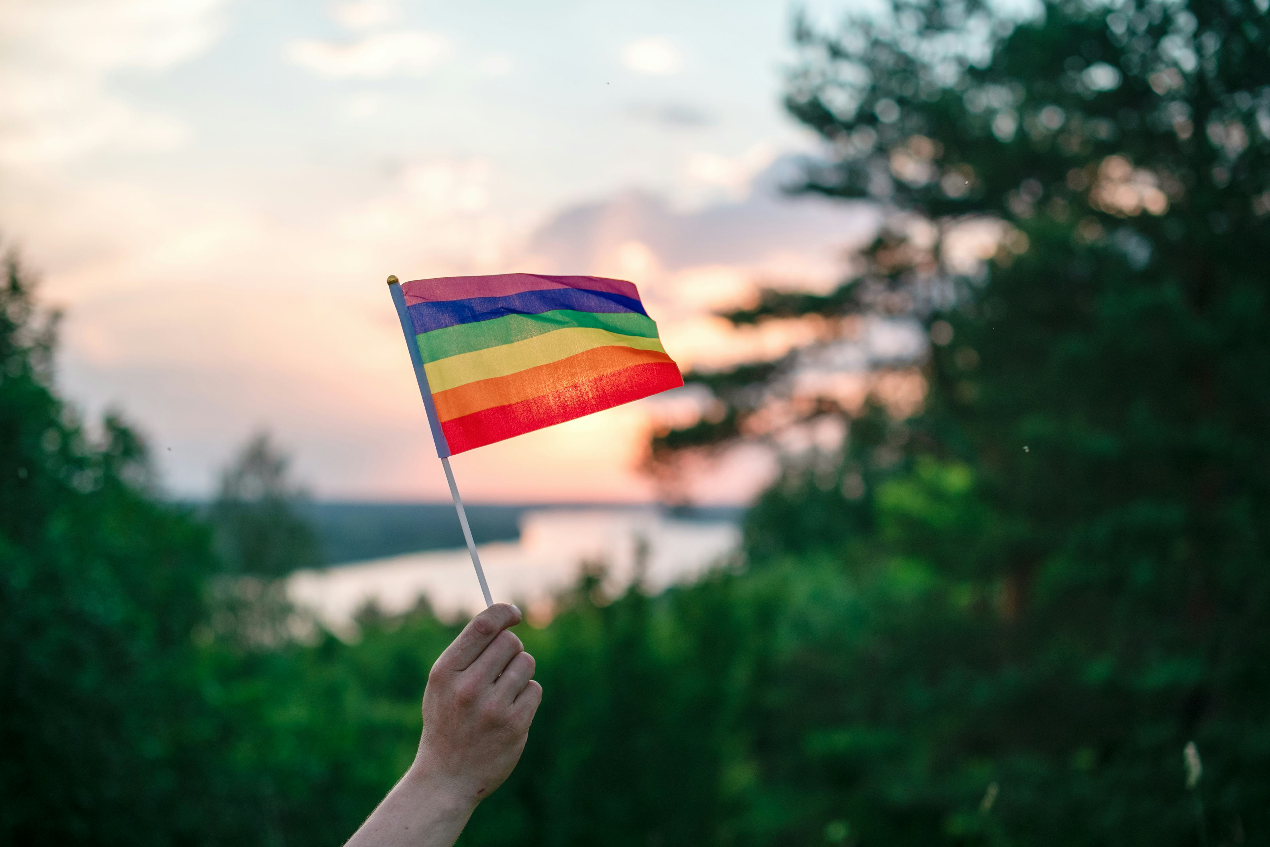 A hand waves a colorful gay pride LGBT rainbow flag at sunset on a natural landscape in summer