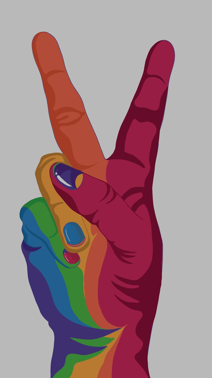 LGBTQ+ Rainbow colored Victory hand raised up Vector illustration isolated on white Background. Gay ...