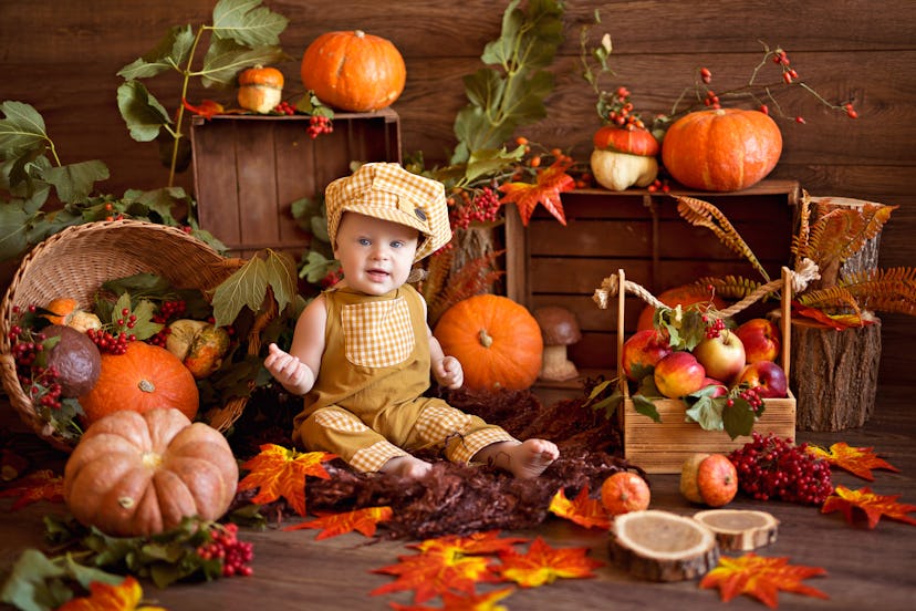 baby little boy with a cart with pumpkins, viburnum, rowan, apples. Autumn harvest