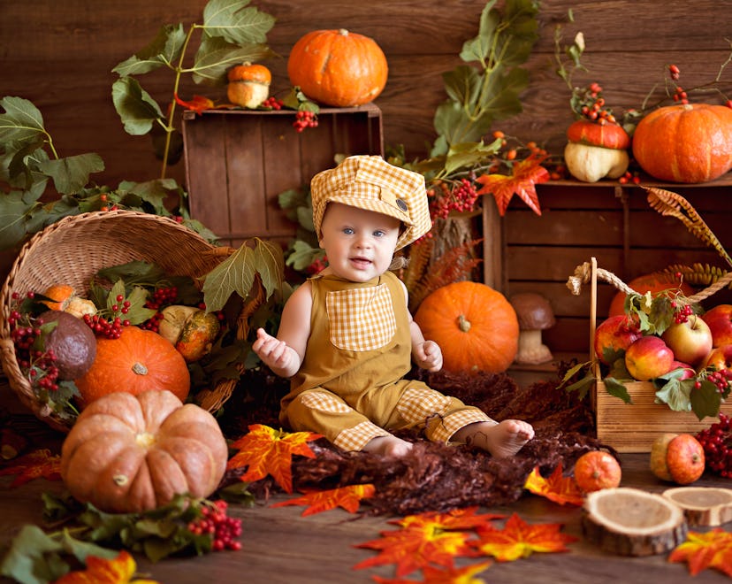 baby little boy with a cart with pumpkins, viburnum, rowan, apples. Autumn harvest
