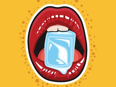 illustration of lips biting an ice cube. Isolated on orange background