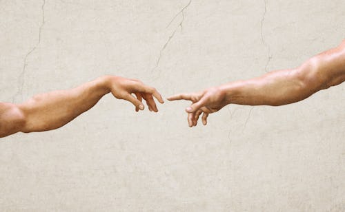 Hands reaching gesture, creation of adam wall paintings. 3D textured illustration of two male hands ...